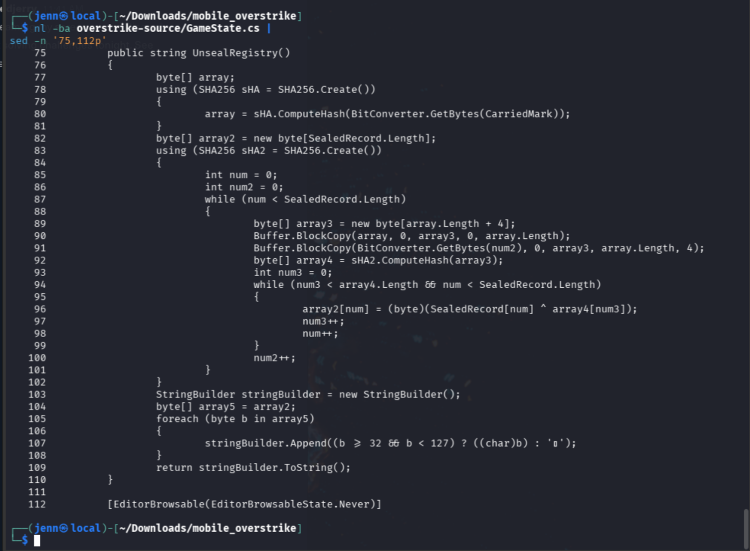 UnsealRegistry() routine showing SHA-256 key derivation and XOR keystream construction
